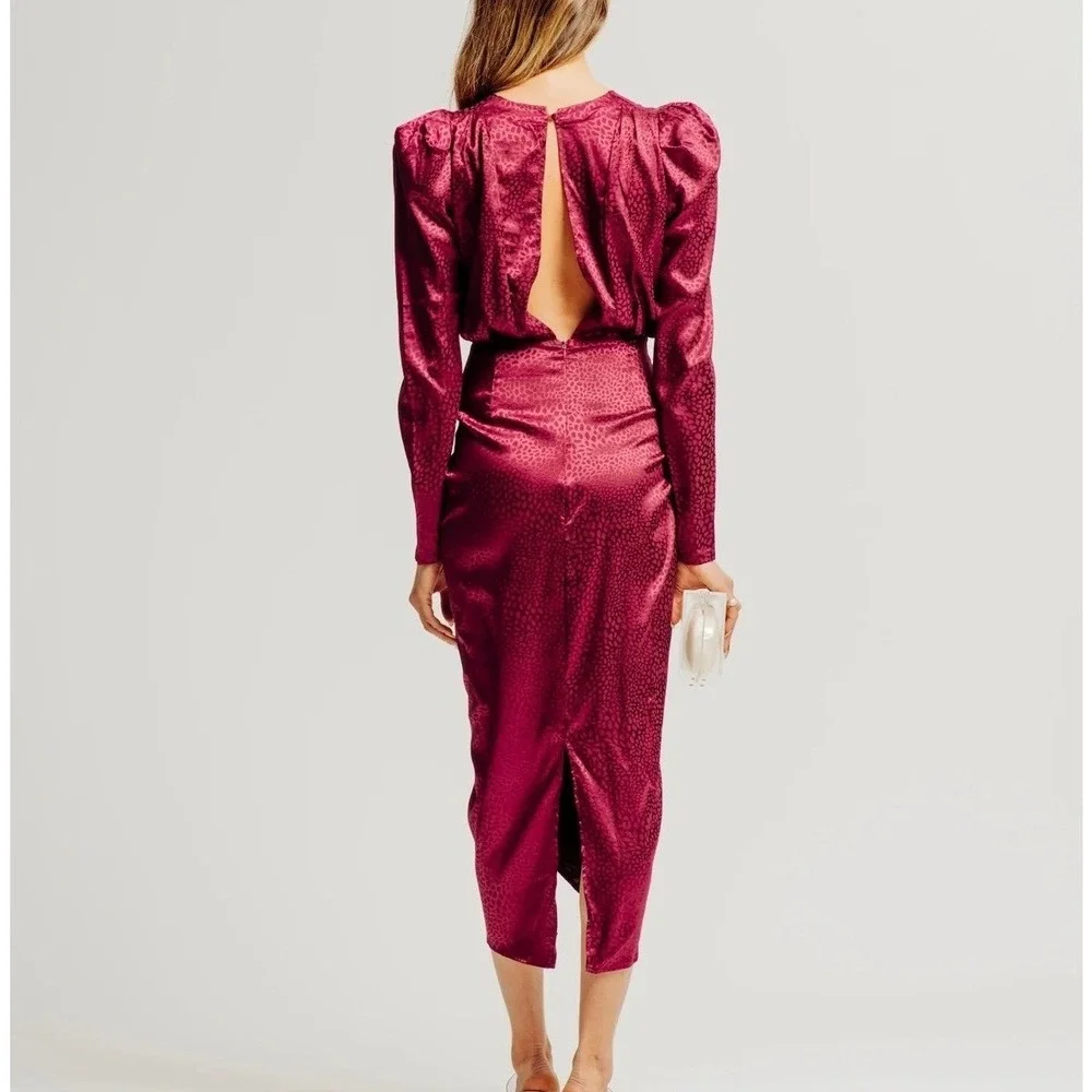 Ronny Kobo Astrid Large Dress Wine Animal Jacquard Ruched Puff Sleeve Midi Dress - Picture 2 of 12